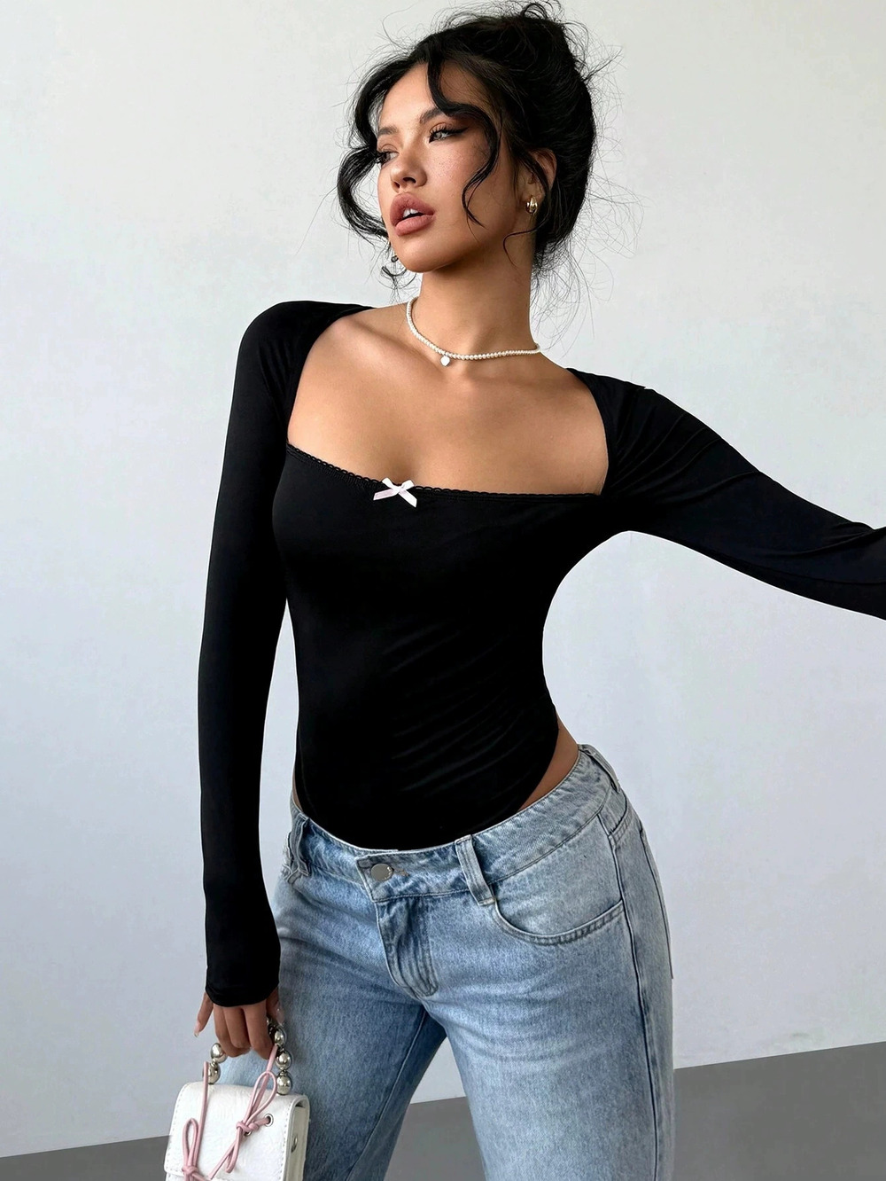 Zara Fall Babe Bow Square Neck Long Sleeve Bodysuit